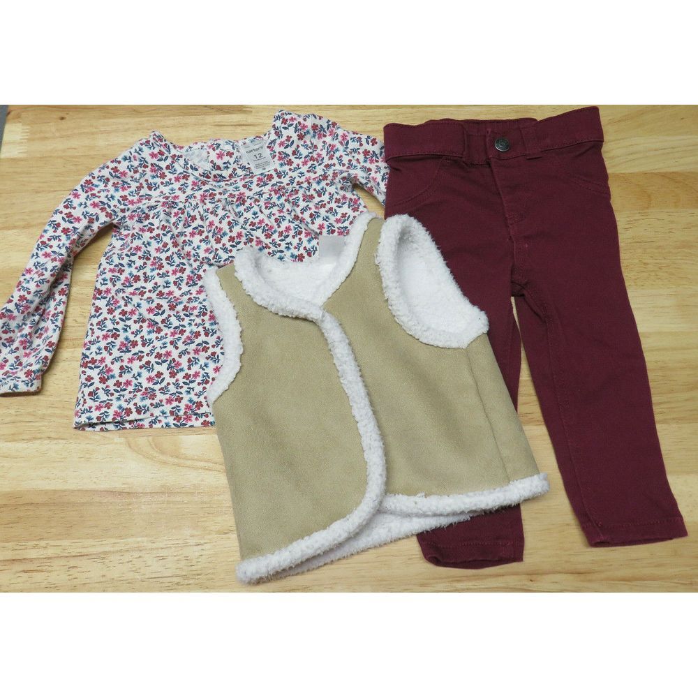 Girls 12 Months Carter's Long sleeve shirt + vest‎ + purple jeans Outfit Floral
